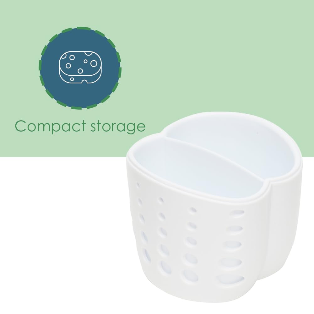 Home Basics Double Sponge Holder Kitchen Sink Caddy, Saddle Faucet Sink Soap Sponge Organizer With Drain Hole, White