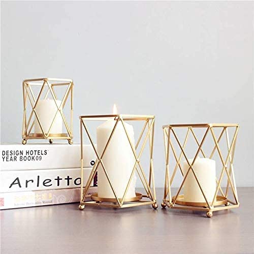 The Bright Storey  Set of 3 Nordic Style Candle Holder Gold Geometric Metal Iron Art Candle Base for Diwali Christmas Home Decor