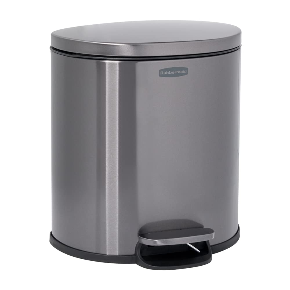 Rubbermaid Stainless Steel Semi-Round Step-On Trash Can, 1.6-Gallon, Charcoal, Small Wastebasket With Lid For Home/Kitchen/Bathr