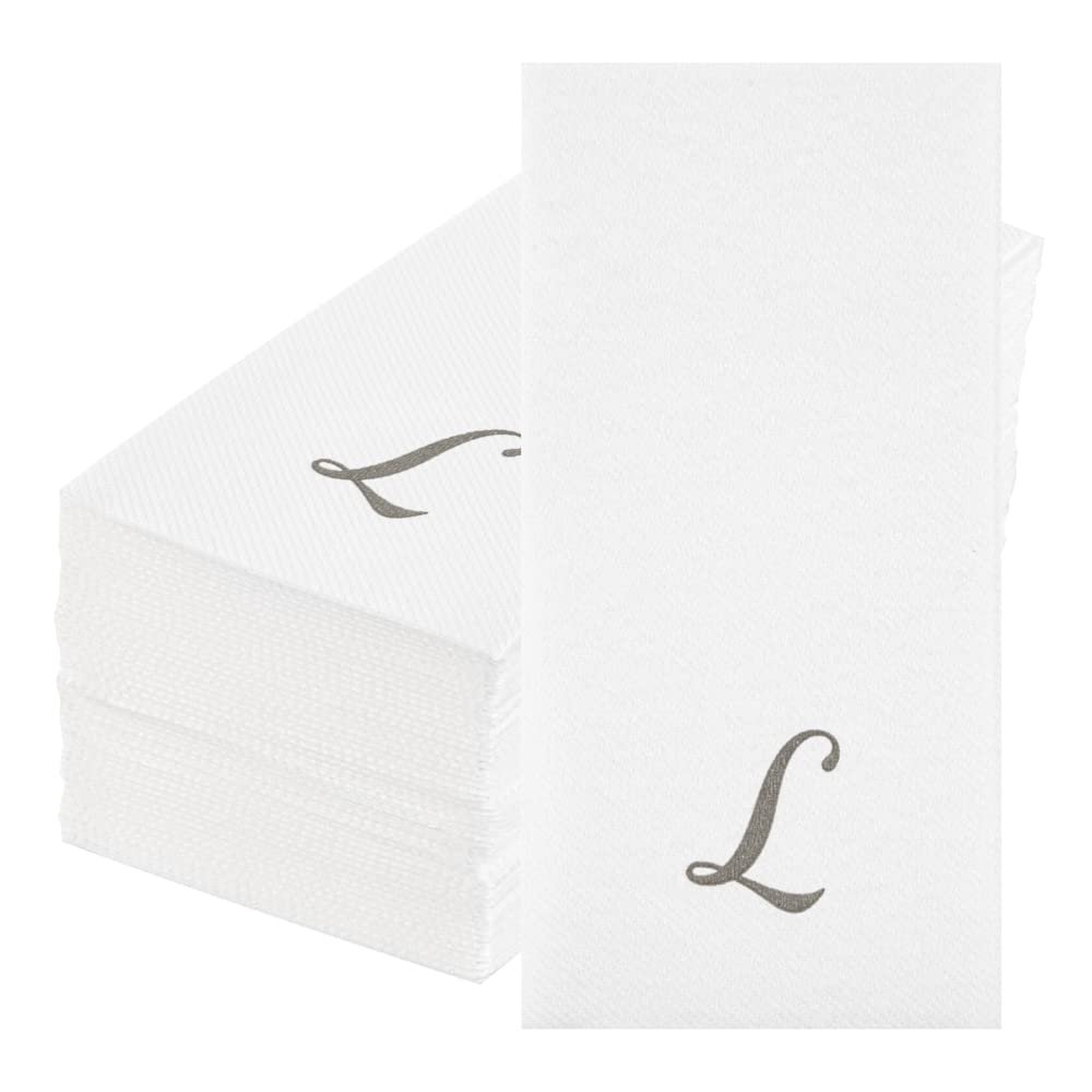 Luxenap 15.8 X 7.9 Inch Linen-Feel Guest Towels, 2000 Lettered Hand Towels - Silver Letter 'L', Cursive Font, White Paper Dinner