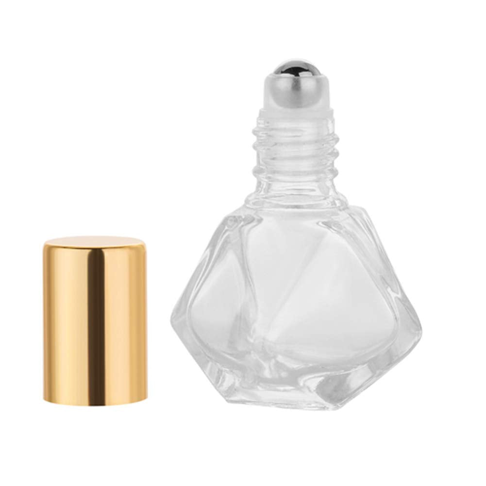 5Ml(1/6Oz) Shaped Glass Roller Bottle For Essential Oils,Mini Glass Bottles With Stainless Steel Roller Balls,Gold Aluminum Caps