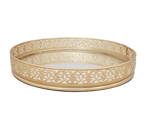 Ruhi Collections Metal Round Serving Decorative Laser Cut Tray With Gold Electroplating For Centre Table And Home Decor [  8 X 