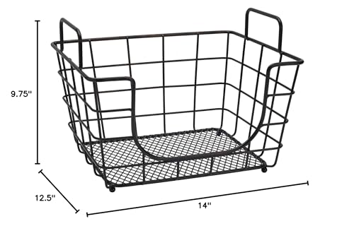 Gourmet Basics by Mikasa Madam Metal Stacking/Nesting Rectangular Basket with Acacia Lid  Antique Black