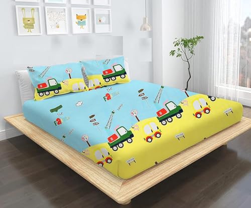 Scuzo Super Soft Glace Cotton Fitted Elastic King Size Double Bed Bedsheet With 2 Pillow Covers (Double Bed (72 X 78 Inch) | Kid