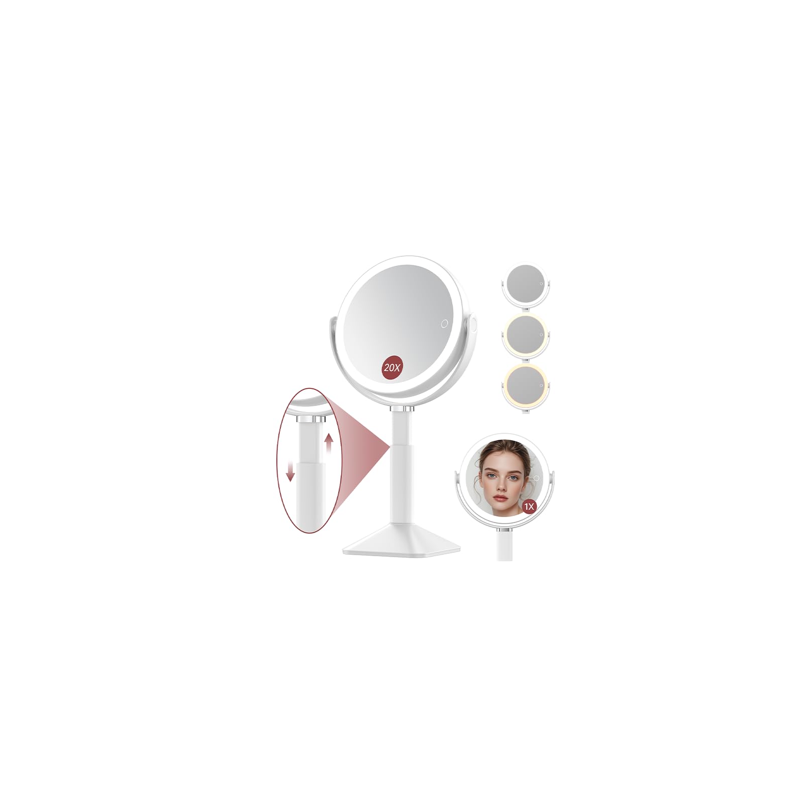 Benbilry 20X Magnifying Mirror with Light, Rechargeable 4000mAh Lighted Makeup Mirror with Magnification, Adjustable Height, 3 C