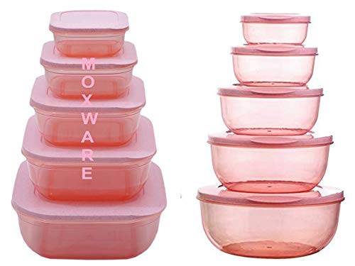 Moxware 5+5 Pcs Food Grade Plastic Container Set For Kitchen And Fridge Storage Of Grocery/Dry Fruits/Snacks Multi Color,Made In
