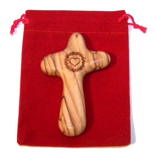 No Greater Love ... Olive wood Comforting Cross engraved with Crown of Thorns and Heart of our Lord Package. Comes with gift box