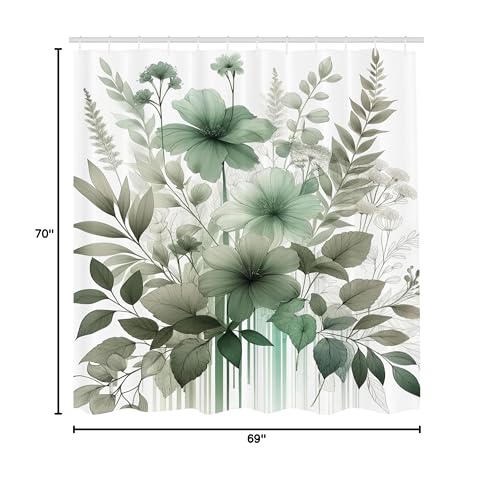 Ambesonne Sage Green Shower Curtain, Nostalgia Tones Delicate Petal Flowers Jumble And Leaves With Stripes, Cloth Fabric Bathroo