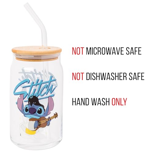 Silver Buffalo Disney Lilo and Stitch Glass Tumbler with Bamboo Lid and Glass Straw Featuring Stitch in an Elvis Costume, 16 Oun