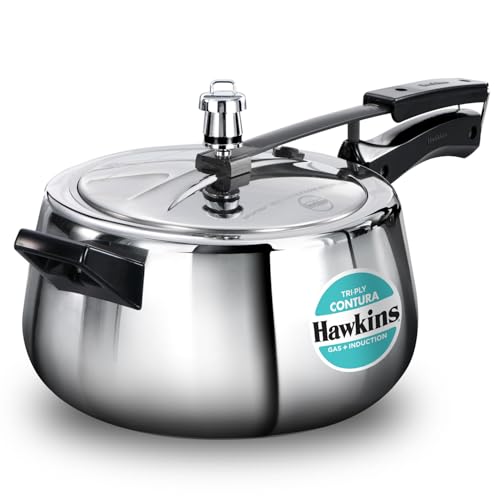 Hawkins 5 Litre Triply Contura Pressure Cooker, Triply Stainless Steel Induction & Contura Shaped Cooker, Silver (Sstco50)
