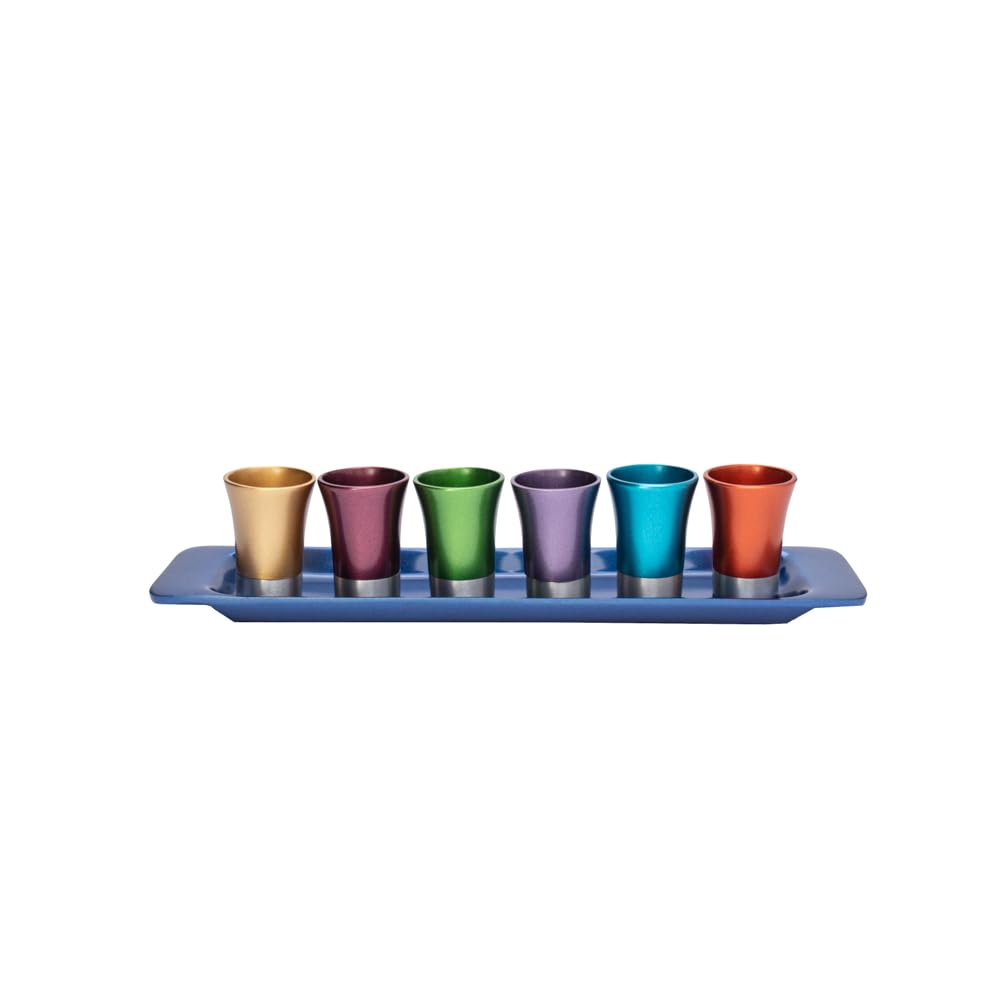 Yair Emanual Set Of 6 Small Kiddush Goblets Cups With Tray Aluminum Multicolor Judaica (Gs-6A)