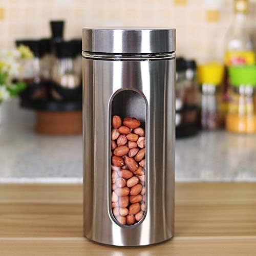 Siya Enterse Glass Window Jar With Steel Body, Airtight, 900 Ml, Oval Shape, Silver, For Snacks, Masala, Spice, Pickles, Cookies