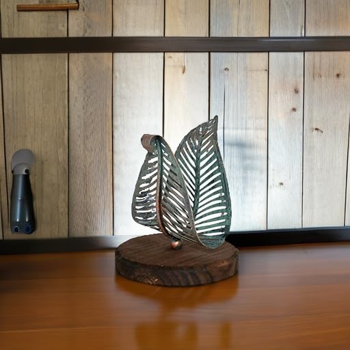OwlGift Freestanding Modern Napkin Holder w/Golden Turquoise Metal Leaf & Brown Wooden Base Design  Tabletop Tissue Dispenser  Napkin Storage Organizer