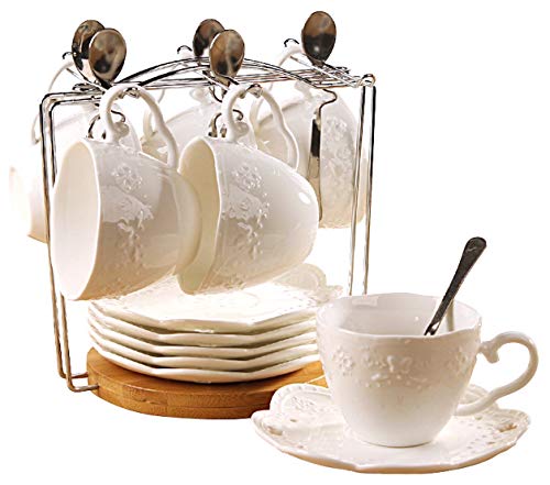 Jusalphaa White Porcelain 5Oz- Tea Cup And Saucer Coffee Cup Set With Saucer And Spoon, Set Of 6 (6 Tea Cup Set With Bracket)