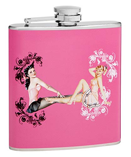 Hip Flask Gift Set with Refill Funnel and 2 Stainless Steel Shot Glasses  PinUp Girls Design  Pink Wrapped Vinyl Finish  6 o