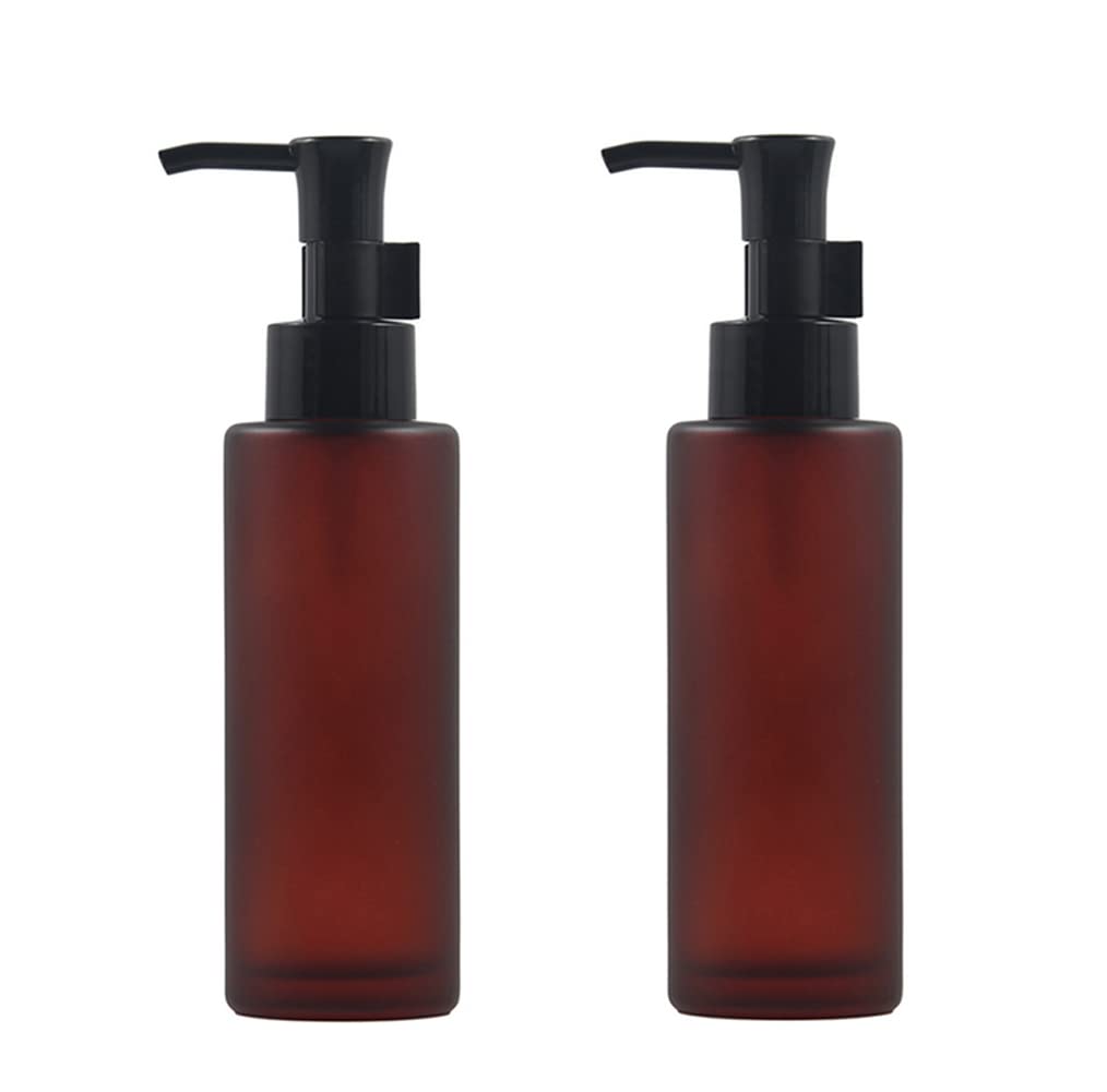 2Pcs 100Ml/3.4Oz Empty Refillable Amber Frosted Glass Lotion Pump Press Bottles Soap Dispensers Containers Jars With Black Pumps