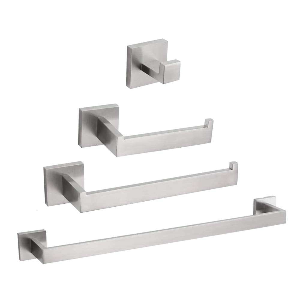 4-Piece Bathroom Hardware Set, Stainless Steel Wall Mounted Square Bathroom Accessories Kit, Include 16 Inch Hand Towel Bar, Toi