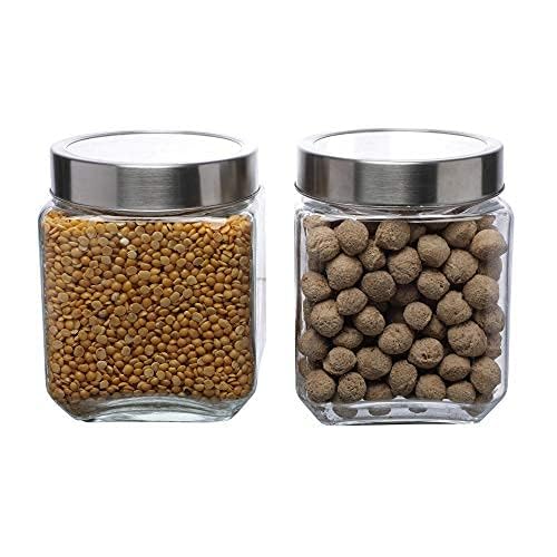 Simparte Glass Jar Barni 1300Ml Transparent Square Container Set Of 2 With Airtight Steel Lid For Kitchen Storage Of Pasta, Lent