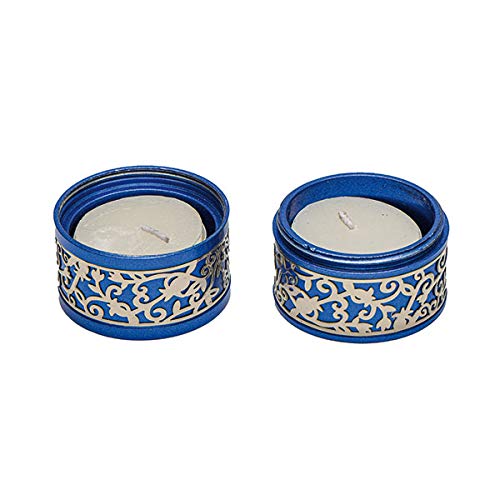 Emanuel Candlestick Holders Metal Filigree Cutout | Small Candle Holders for Shabbat and Yom Tov (Blue)