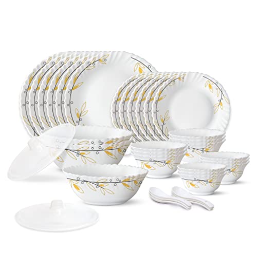 Larah by Borosil Bella Silk Series Opalware Dinner Set | 35 Pieces for Family of 6 | Microwave & Dishwasher Safe | BoneAsh Free