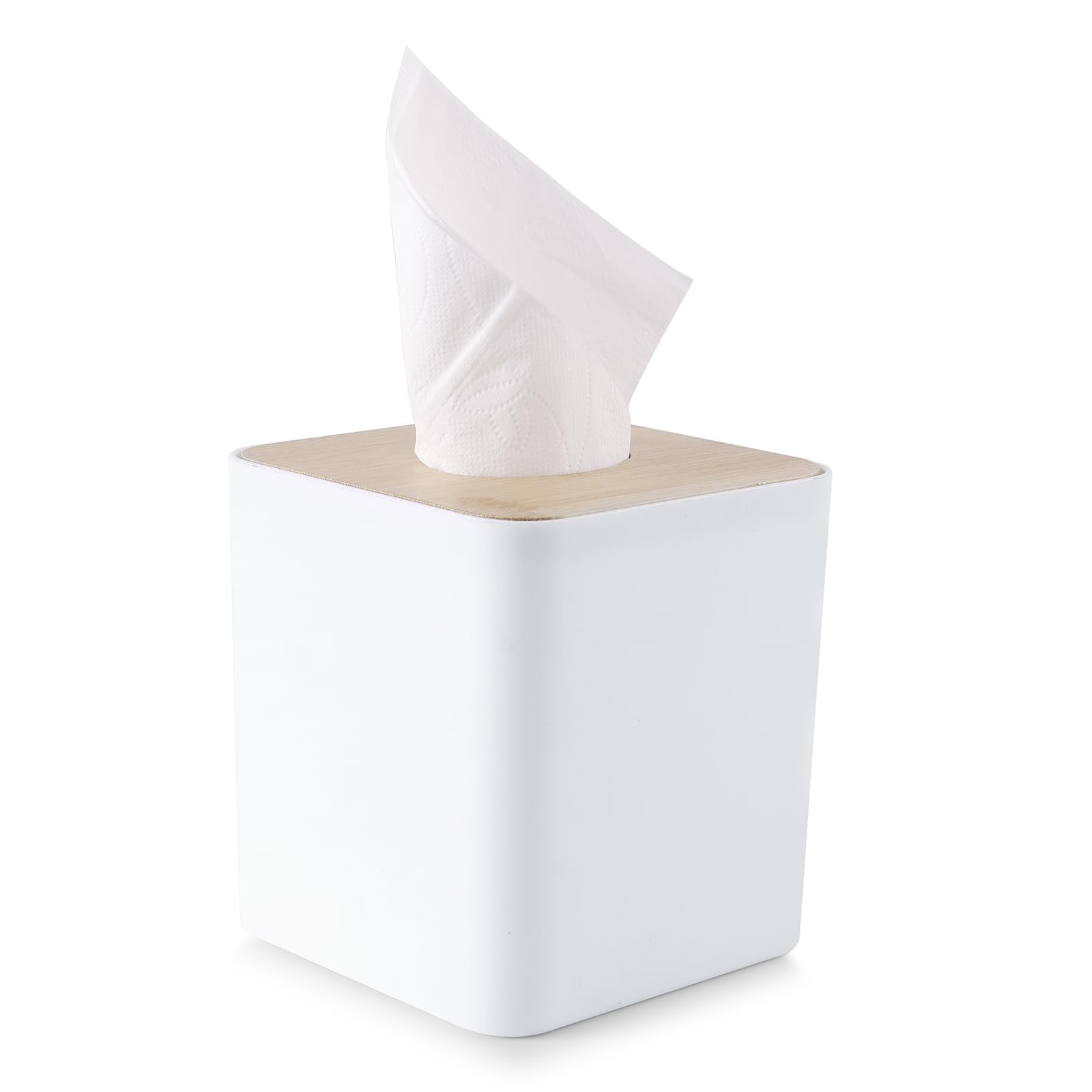 Square Tissue Box Cover,White Tissue Box Holder,Bamboo Facial Cube Box Cover For Storage On Bathroom Vanity, Countertop, Bedroom