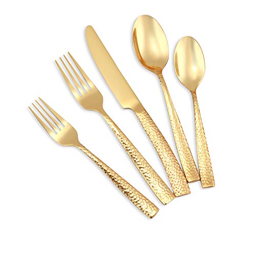 Kelenfer Gold Flatware Silverware Set 20 Piece Stainless Steel Forged Hammered Cutlery Set Service For 4