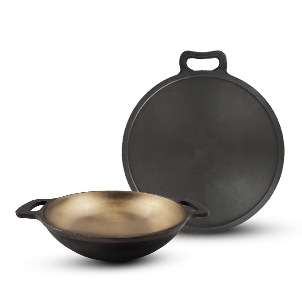 The Indus Valley Super Smooth Cast Iron Cookware Set | Kadai (25.4 Cm/2.5L) + Tawa (27.9 Cm) | Kitchen Cooking Combo Pots And Pa