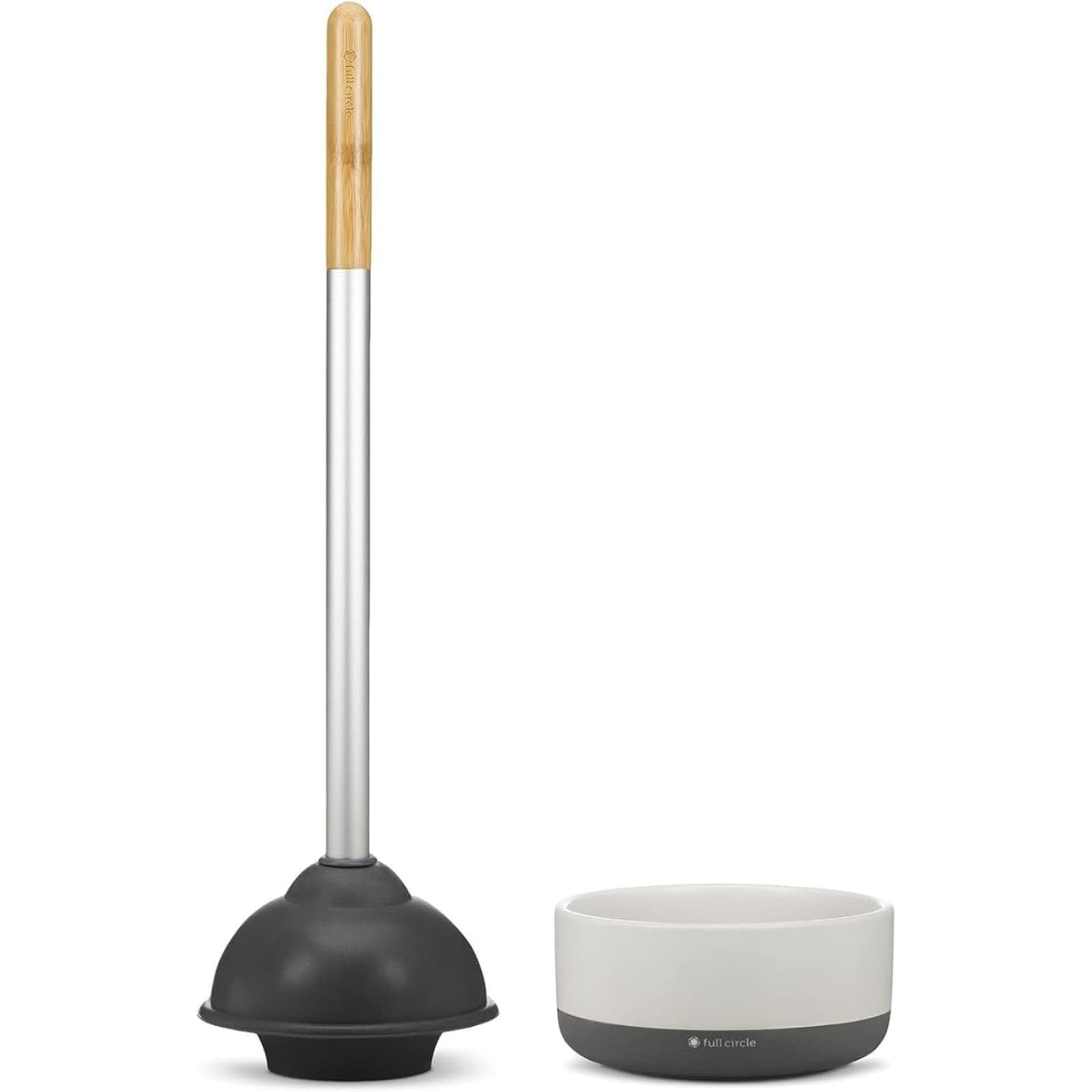 Full Circle Royal Plunge - Bathroom Toilet Plunger With Bamboo Handle And White Ceramic Holder