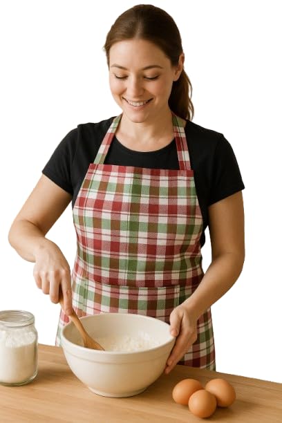 Jyotex Holiday Plaid Kitchen Apron, Red And Green Checkered Pattern, Cotton Cooking Bib (Set A)