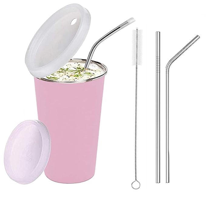 Parabrahma Stainless Steel Glass With Straw Plus Extra Travel Lid Glass With Extra Straws & Brush (300 Ml, Steel)(Pink)(111)