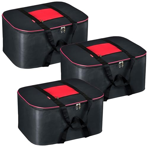 Sndia 3 Pack Nylon Big Underbed Storage Bag Moisture Proof Cloth Organiser With Zippered Closure And Handle(Blackred, 54X46X28Cm