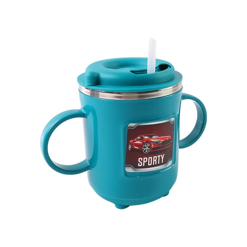 Insulated Coffee Mug Sporty Sipper Mug with Straw and Dual Handles Spill Proof Cup for Toddlers Children Cartoon Print Water Mil