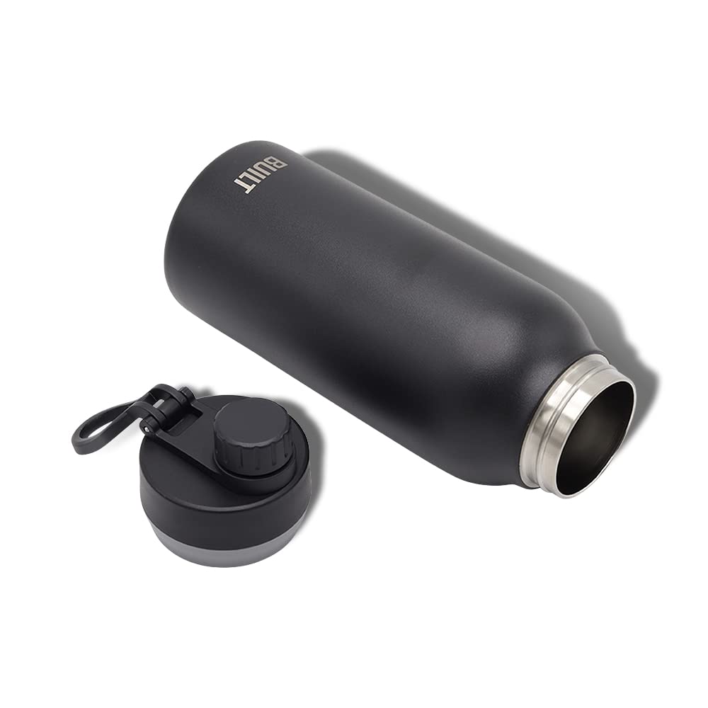 Built Wide Mouth Cascade Double Wall Vacuum Insulated Stainless Steel Bottle With Chug Lid, Black, 32 Ounces