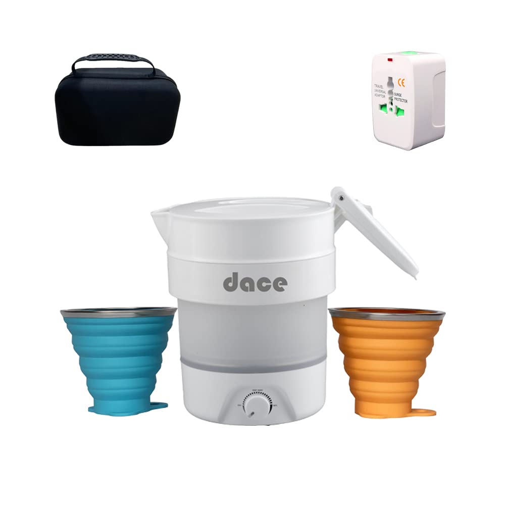 Portable Foldable Electric Travel Kettle, 800Ml/27Oz, White With Two Folding Cups And One Coffee Dripper,110V & 220V Dual Voltag