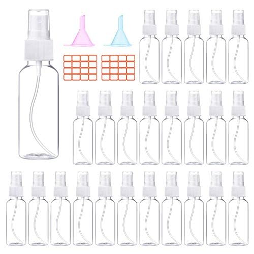 E-accexpert 24 Pcs Spray Bottles 2oz / 55ml Clear Empty Mini Mister Spray Bottles Refillable Container Pocket Size Sprayer Set Essential Oils Travel Cleaning Solution Makeup Bottles with 2pcs Funnels 32pcs Labels