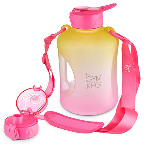 THE GYM KEG Half Gallon Water Bottle (74oz)  Gym Bottle with Straw Lid  Carry Strap Motivational Time Markings  Sport Water Bottles with Times to Drink  Large Reusable Bottle  Leakproof & BPA-free