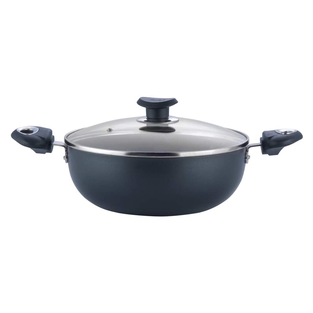 Vinod Marbilo Aluminium Black NonStick Deep Kadai With Glass Lid 24 Cm, 3.1 L (Induction Friendly)
