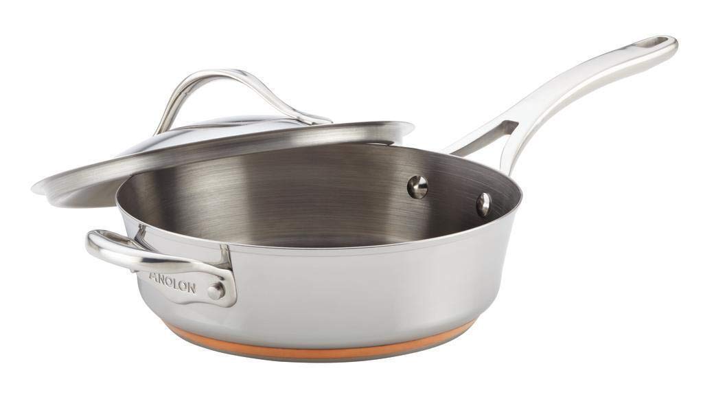 Anolon Novelle Copper Stainless Steel Saute Pan / Frying Pan / Fry Pan with Lid and Helper Handle - 3 Quart, Silver