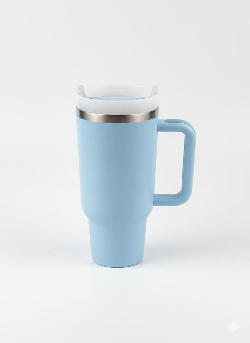 Stainless Steel Tumbler Hot And Cold With Handle And Lid 2 Straw, Double Insulated Cup Leak Proof Mug Cupholder For Gym,(Blue Sk