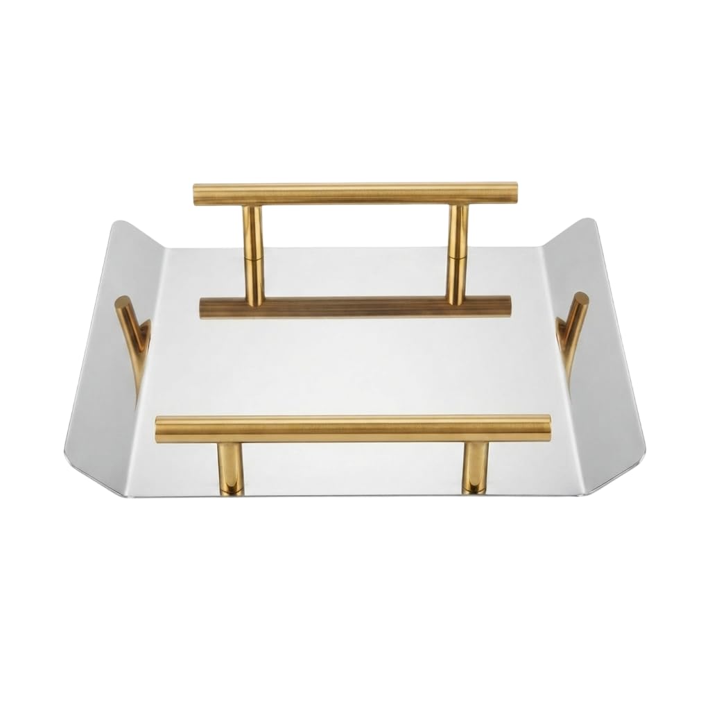 Shreesamp Stainless Steel Serving Tray With Handles Square Tray For Dining Table Kitchen Coffee Table Home Decor Tea Snacks Brea