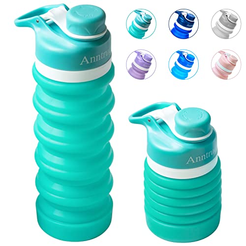 Collapsible Water Bottle Food-Grade Silicone Portable Leak Proof Travel Water Bottle  18oz (Aqua Blue)