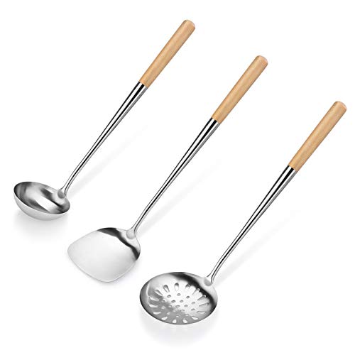 New Star Foodservice 1028737 Commercial-Grade Stainless Steel Specialty Chinese Wok Utensil Set, Spatula, Solid And Perforated L