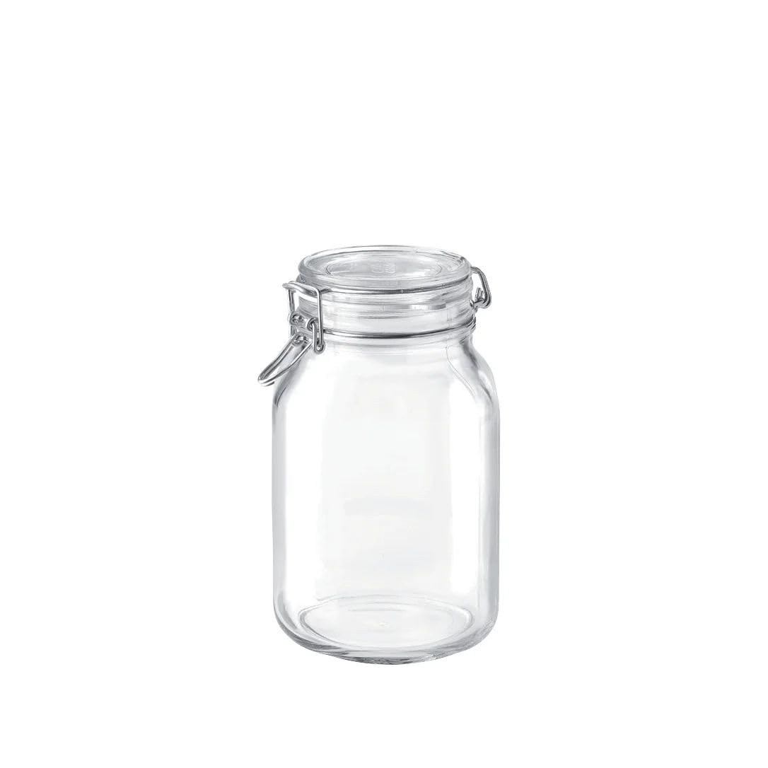 Bormioli Rocco Fido Wide Mouth Squared Glass Jar With Airtight Gasket Clamp Lid For Canning And Food Storage, 67.75 Oz, Clear To