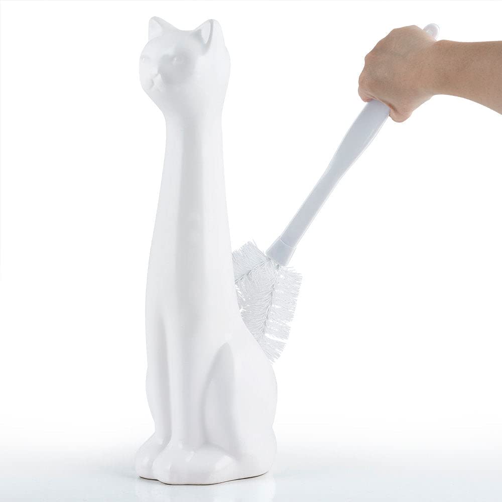 Allure Home Creation Cat 3-Piece White Ceramic Toilet Brush Holder W/White Plastic Handled Scrub Brush & Soap Dispenser-White