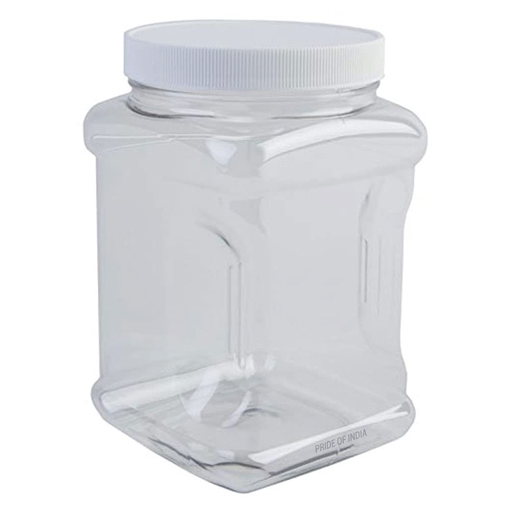 Pride Of India Clear Food Grade Pet Plastic Square Grip Storage Jar W/Cap | 64 Fluid Ounces 7-8 Cup Storage Capacity | Bpa Free