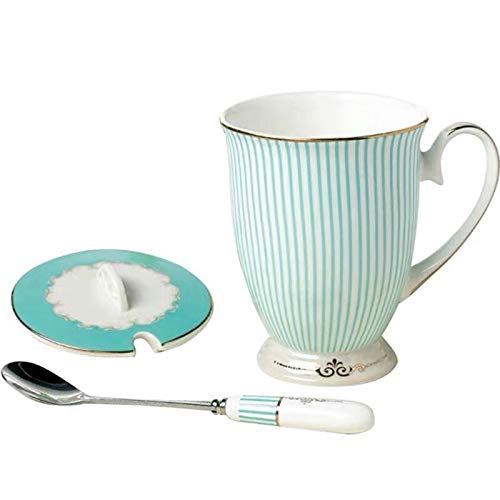 Ybk Tech Euro Style Porcelain Tea Cup Coffee Mug With Lid For Breakfast Home Kitchen ((Blue Stripe Pattern) (Blue))