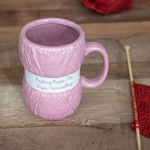 Boxer Gifts 'Knitting Keeps Me From Unraveling' Novelty Knitting Gift Mug | Light Pink Colour With Realistic Yarn Detailing | Am