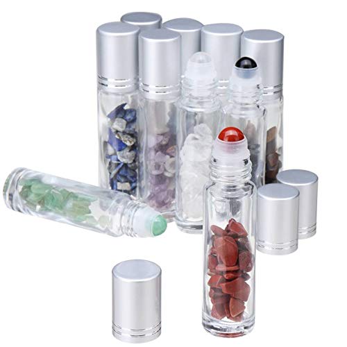 Clear Glass Roller Bottles,10 Pack 10Ml 0.33Fl Oz Gemstone Roller Ball For Essential Oils,Natural Crystal Stones Roller Balls Wi