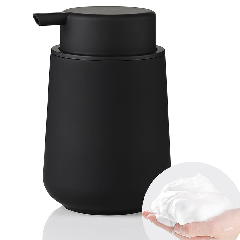 Yaukph Matte Black Foaming Hand Soap Dispenser Plastic 11 Oz - Modern Minimalist Style For Bathroom & Kitchen Countertop Refilla