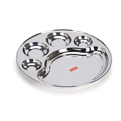 Sumeet Stainless Steel Round 5 In 1 Compartment Lunch/Dinner Plate 1Pc, 34Cm Dia, Silver